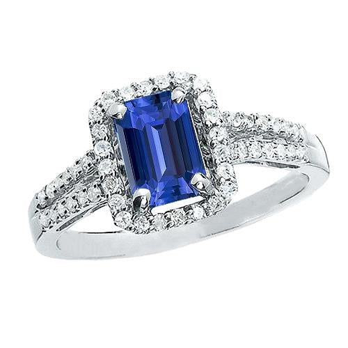 Bague en saphir de Ceylan taille émeraude Halo diamant à tige fendue 4 carats - HarryChadEnt.FR