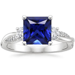 Bague en saphir de Ceylan taille princesse de style 3 pierres avec diamants 6 carats