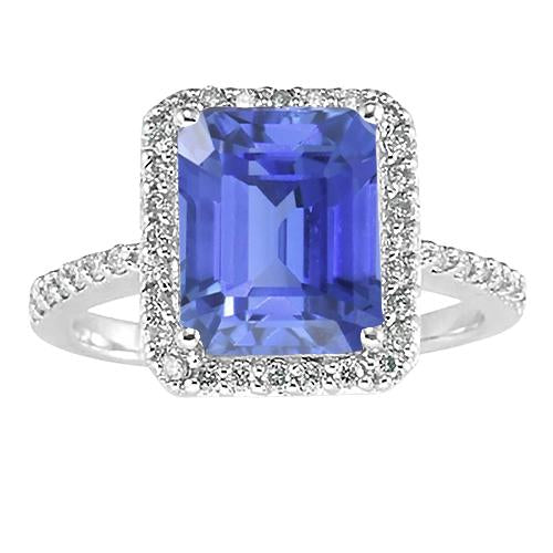 Bague en saphir du Sri Lanka avec halo de diamants et émeraude en or 4.50 carats - HarryChadEnt.FR