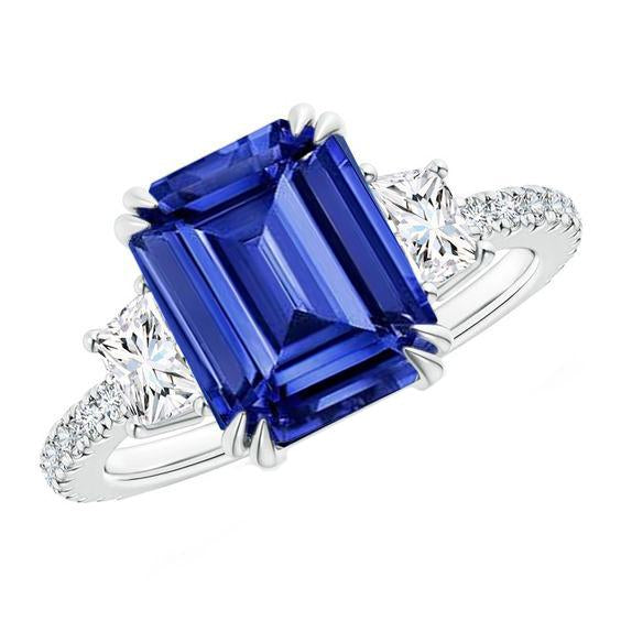 Bague en saphir du Sri Lanka de style 3 pierres avec trapèzes 11.50 carats - HarryChadEnt.FR