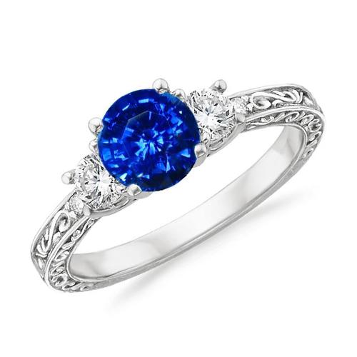 Bague en saphir du Sri Lanka et diamants de style 3 pierres de 2.60 ct WG 14K - HarryChadEnt.FR