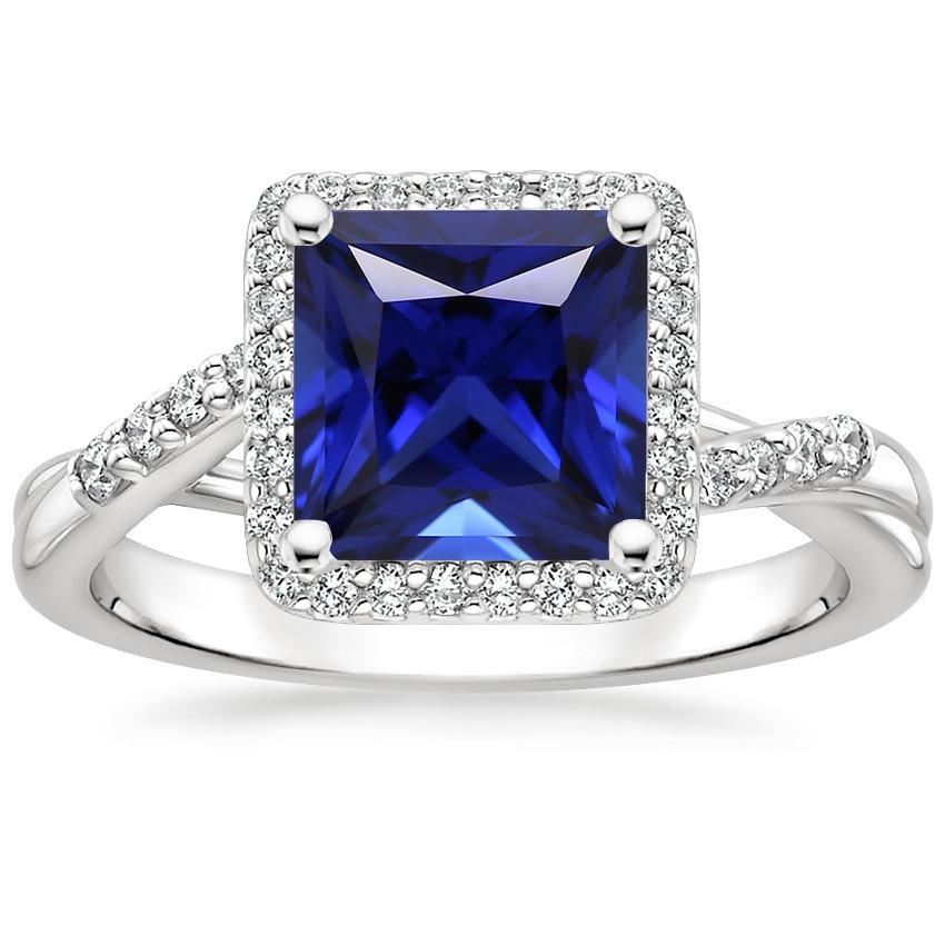 Bague en saphir et diamants Halo Ceylan 6 carats taille princesse avec accents - HarryChadEnt.FR