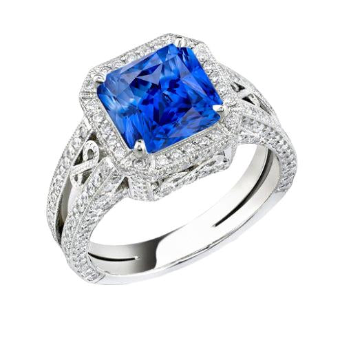 Bague en saphir halo style vintage Srilanka Milgrain 3 carats tige fendue - HarryChadEnt.FR