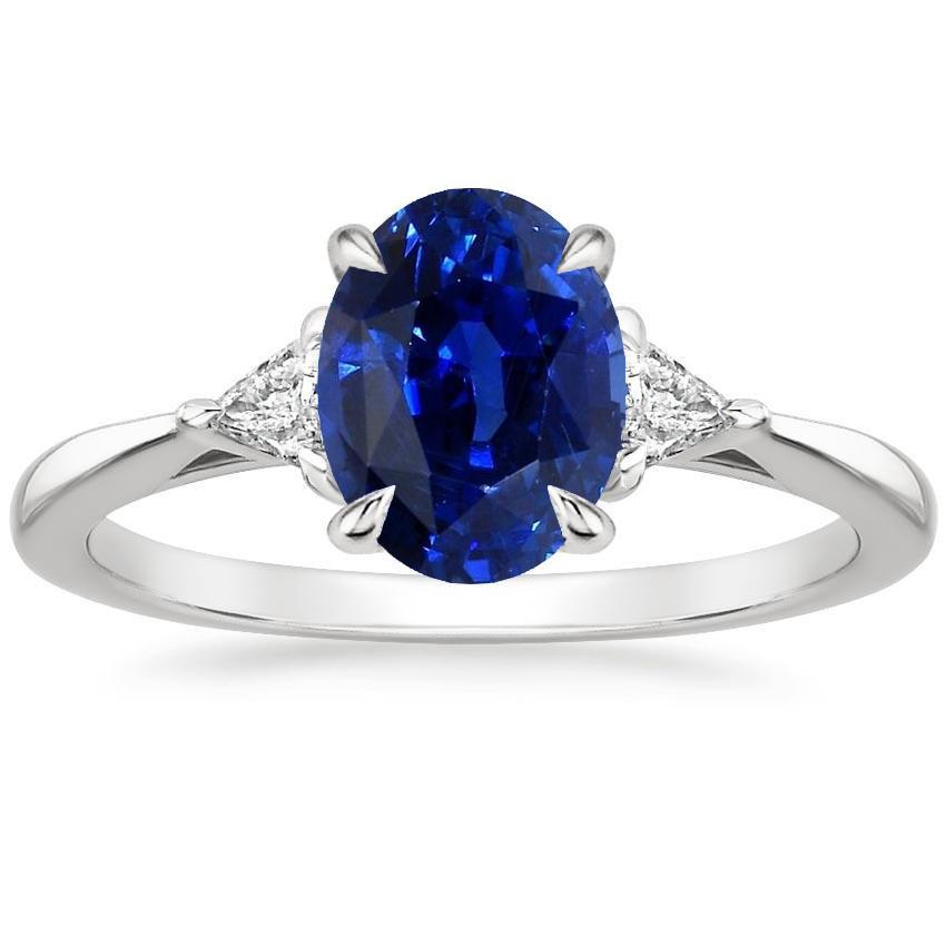 Bague femme 3 carats saphir bleu ovale et diamant taille trillion 3 carats - HarryChadEnt.FR