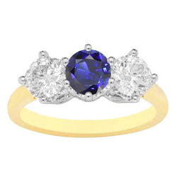 Bague femme diamant saphir bleu 3 pierres 3.50 carats bicolore 14K