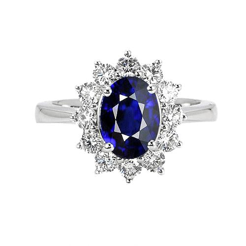 Bague femme saphir bleu ovale et diamant rond 8 carats style sunburst - HarryChadEnt.FR