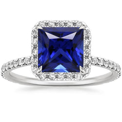 Bague halo de diamants pour femme avec accents princesse saphir bleu 6 carats