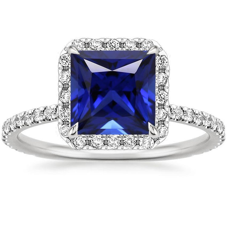 Bague halo de diamants pour femme avec accents princesse saphir bleu 6 carats - HarryChadEnt.FR