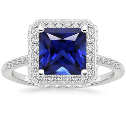 Bague halo de diamants ronds avec centre de saphir bleu taille princesse 6 carats