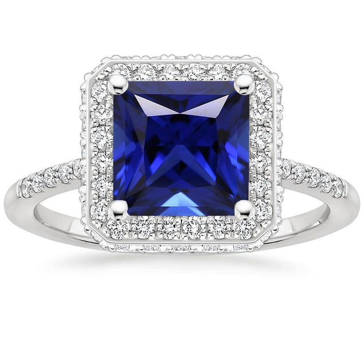 Bague halo de diamants ronds avec centre de saphir bleu taille princesse 6 carats - HarryChadEnt.FR