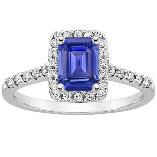 Bague halo saphir bleu taille émeraude avec diamant 4.25 carats - HarryChadEnt.FR