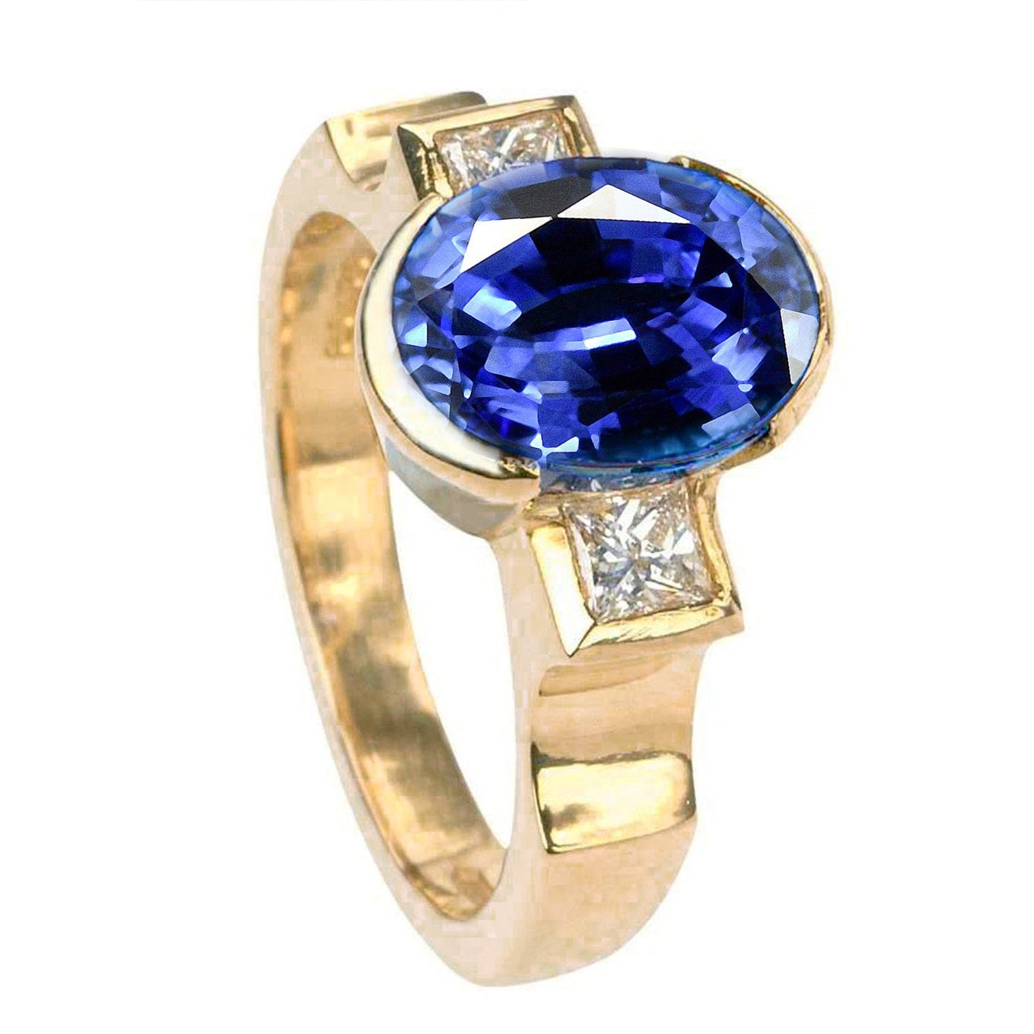 Bague lunette en saphir bleu du Sri Lanka 3.61 ct avec diamants - HarryChadEnt.FR