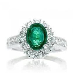 Bague ovale avec diamant vert émeraude et pierres précieuses en or blanc 2.50 carats 14K