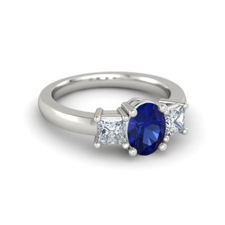 Bague ovale avec diamants de taille princesse de 2.25 ct et saphir de Ceylan en or blanc 14K - HarryChadEnt.FR