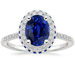 Bague ovale avec pierres précieuses Halo Saphir bleu et accents de diamants 4.50 carats