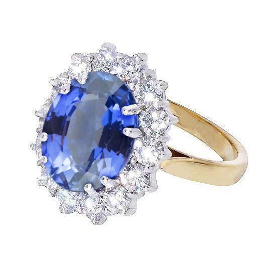 Bague ovale en saphir de Ceylan et diamants de 8.51 cts en or blanc bicolore 14K - HarryChadEnt.FR