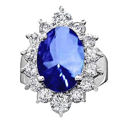 Bague ovale en saphir du Sri Lanka et diamant rond 6.01 ct. Or Blanc 14K - HarryChadEnt.FR