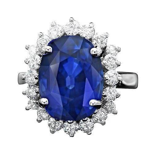 Bague ovale et ronde avec saphir de Ceylan 8.01 carat et diamants WG 14K - HarryChadEnt.FR