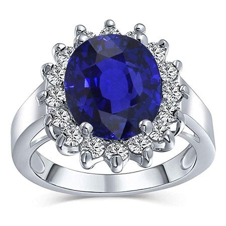 Bague ovale saphir pierres précieuses 3.50 carats diamants de style fleur - HarryChadEnt.FR