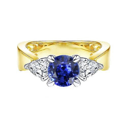 Bague poire diamant 3 pierres saphir bleu 2 carats ensembles de griffes deux tons
