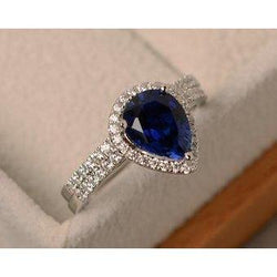 Bague poire saphir bleu du Sri Lanka et diamant rond 2.75 carats WG 14K