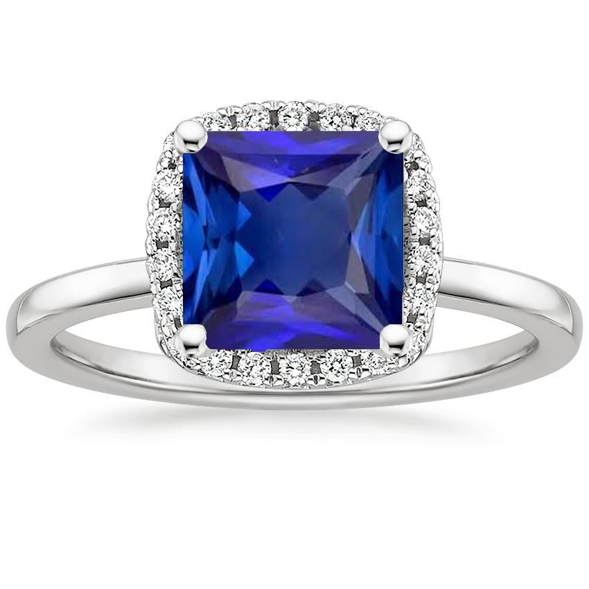 Bague pour femme avec halo de diamants et pierres précieuses de Ceylan. taille princesse. saphir. 6 carats - HarryChadEnt.FR
