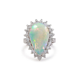 Bague pour femme en opale poire et diamants ronds de 14.25 cts en or blanc 14K