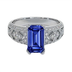 Bague pour femme en saphir bleu émeraude et diamants de style vintage 9.75 carats