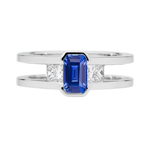 Bague princesse diamant 3 pierres émeraude saphir tige fendue 1.25 carats - HarryChadEnt.FR