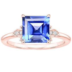 Bague princesse saphir bleu et diamant serti griffes or rose 3.75 carats