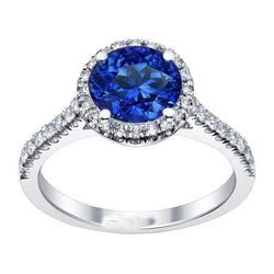 Bague ronde avec halo de diamants saphir bleu du Sri Lanka en or 2.20 carats 14K