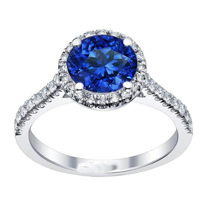 Bague ronde avec halo de diamants saphir bleu du Sri Lanka en or 2.20 carats 14K - HarryChadEnt.FR