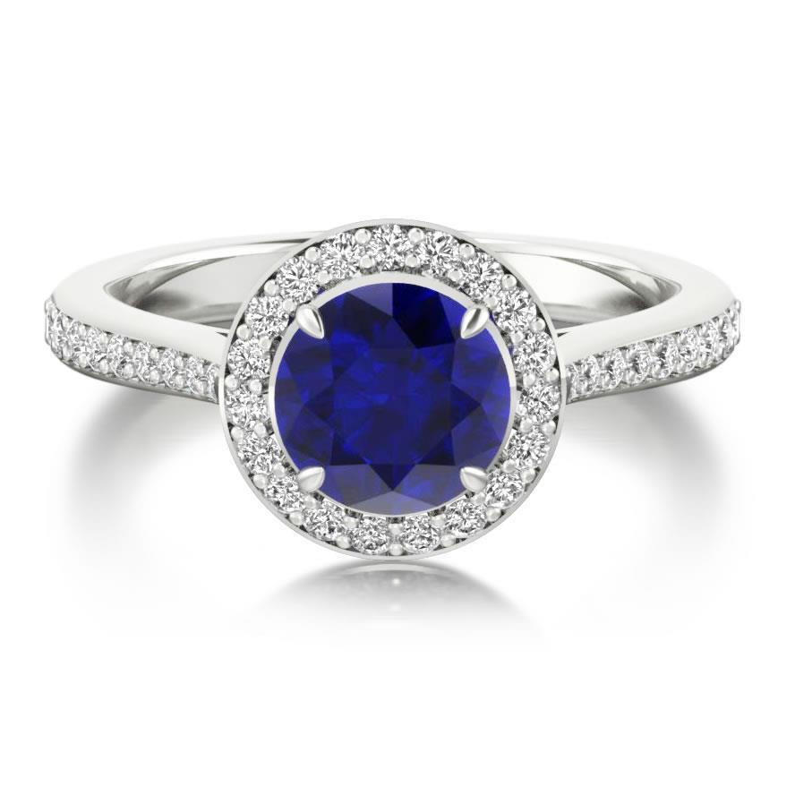 Bague ronde en diamant avec halo de saphir de Ceylan 2.85 ct. bijoux en or blanc 14K - HarryChadEnt.FR