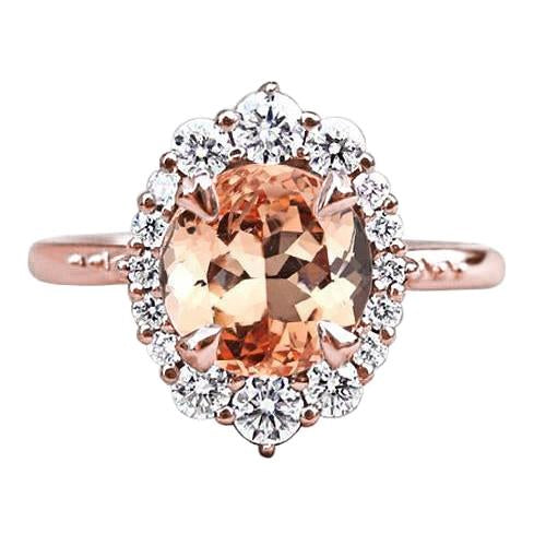 Bague ronde en morganite et diamants taille brillant 15 carats en or rose 14 carats - HarryChadEnt.FR