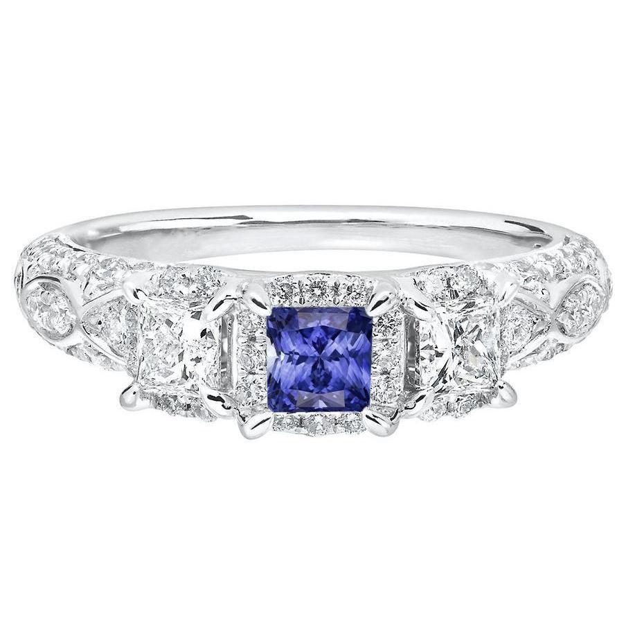 Bague saphir Halo Princess sertie de griffes diamants tige millegrain 3 carats - HarryChadEnt.FR