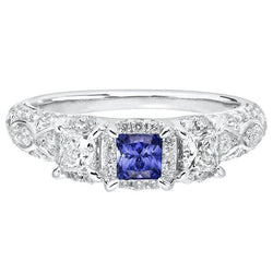 Bague saphir Halo Princess sertie de griffes diamants tige millegrain 3 carats