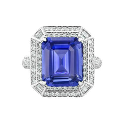 Bague saphir bleu diamant en forme d'émeraude 4.50 carats serti d'accents