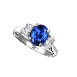 Bague saphir bleu du Sri Lanka et diamants 3 pierres 2.60 carats WG 14K