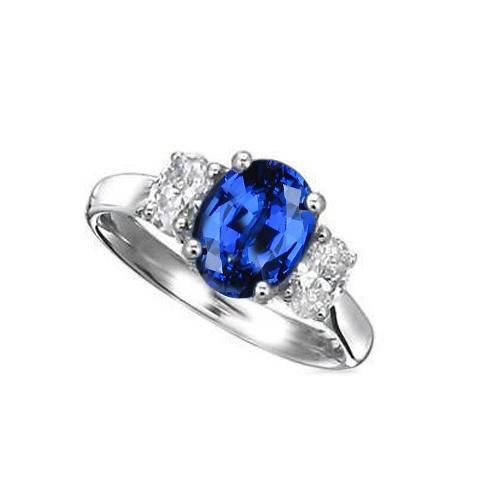 Bague saphir bleu du Sri Lanka et diamants 3 pierres 2.60 carats WG 14K - HarryChadEnt.FR