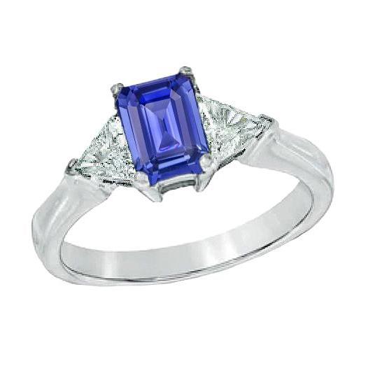 Bague saphir bleu émeraude 3 pierres et paire de trillions de diamants 2 carats - HarryChadEnt.FR