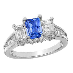 Bague saphir bleu émeraude 3 pierres sertie d'accents 3 carats