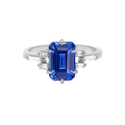 Bague saphir bleu émeraude anniversaire diamant baguette de 2.50 carats