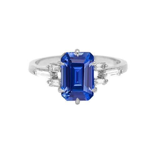 Bague saphir bleu émeraude anniversaire diamant baguette de 2.50 carats - HarryChadEnt.FR