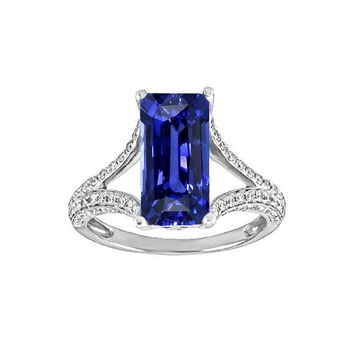 Bague saphir bleu radiant avec pierres précieuses 4.50 carats tige fendue en or blanc - HarryChadEnt.FR