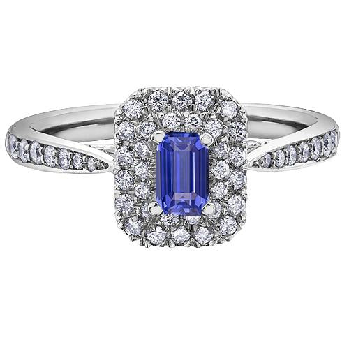 Bague saphir bleu émeraude double halo tige conique 3 carats - HarryChadEnt.FR