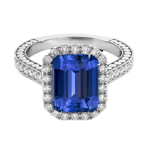 Bague saphir bleu émeraude halo de diamants 4 carats sertie de griffes Milgrain - HarryChadEnt.FR