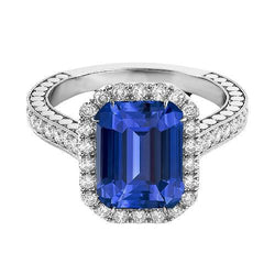 Bague saphir bleu émeraude halo de diamants 4 carats sertie de griffes Milgrain