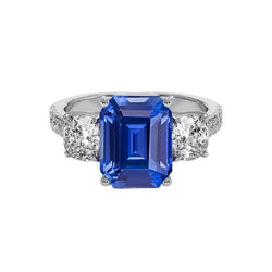 Bague saphir bleu émeraude style 3 pierres avec accents or 2.50 carats