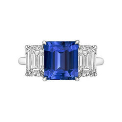 Bague saphir bleu émeraude trois pierres bijoux en or 3 carats