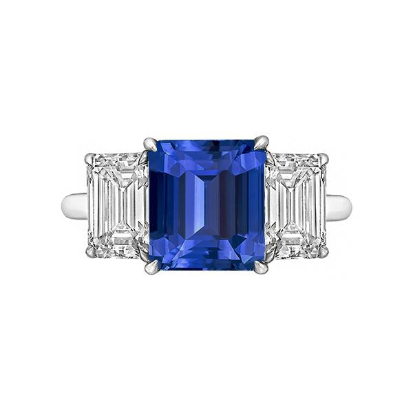 Bague saphir bleu émeraude trois pierres bijoux en or 3 carats - HarryChadEnt.FR